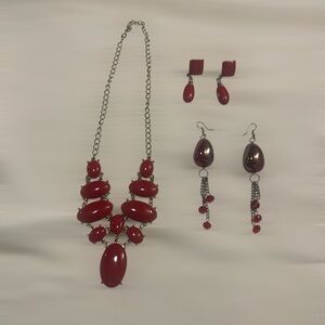 Jewelry Bundle Chunky Necklace Earrings Statement Faux Red Stone Set of 3